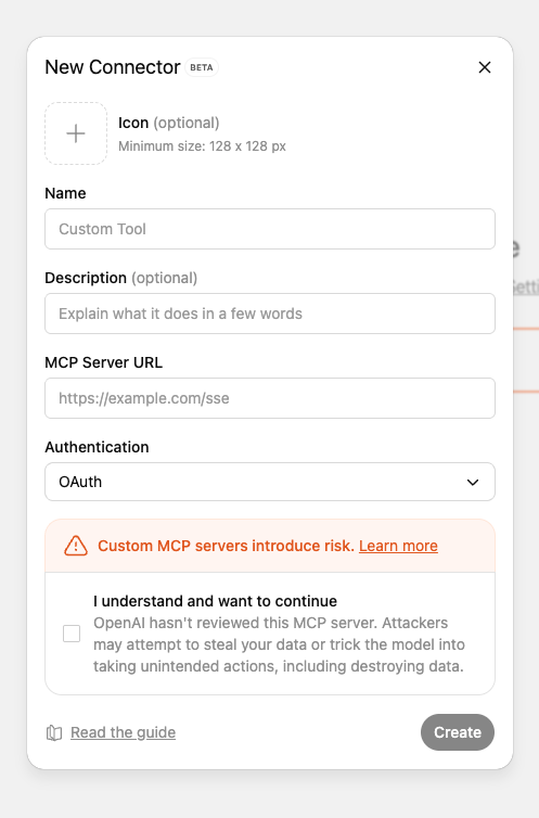 ChatGPT Create Connector dialog