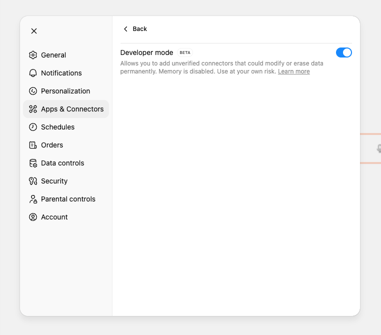 ChatGPT Developer Mode toggle